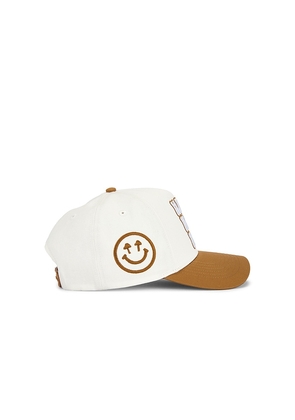 Happy Caps Stacked Bubble Logo Two Tone 5 Panel Hat in Brown,White.