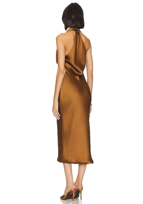 Norma Kamali Halter Drape Midi Dress in Brown. Size S. Also in M.
