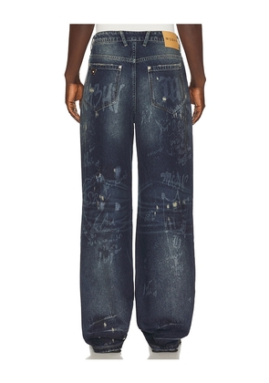 MISBHV Laser Tagged Denim Jeans in Blue. Size 30. Also in 31, 32, 33, 34, 36.