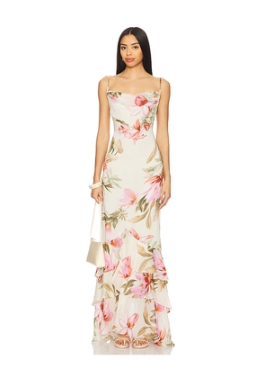 ROCOCO SAND Cowl High Low Maxi Dress in Cream,Pink. Size XS. Also in L.