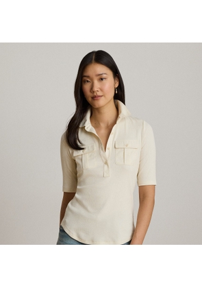 Rib-Knit Elbow-Sleeve Collared Top