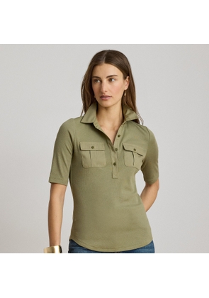 Petite - Rib-Knit Elbow-Sleeve Collared Top