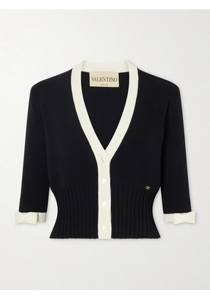 Valentino Garavani - Cropped Bow-embellished Two-tone Ribbed-knit Cotton Cardigan - Black - xx small,x small,small,medium,large,x large