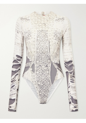 Dilara Findikoglu - Past Edges Printed Lace-trimmed Stretch-jersey Bodysuit - Gray - FR 34,FR 36,FR 38,FR 40,FR 42