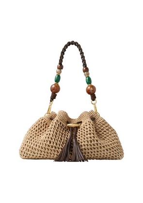 Cinch Small shoulder bag in natural crocheted raffia and chocolate nappa leather with braided strap