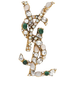 Saint Laurent YSL Fetiche Brooch in Or 3n Patine & Camai - Green,Metallic Gold. Size all.