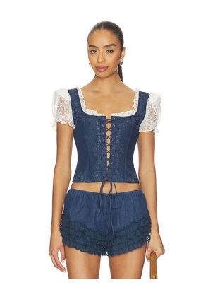 For Love & Lemons Yasmin Lace Up Top in Blue. Size XS. Also in S, M, L, XL.