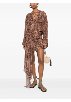THE ANDAMANE Indira paisley-print lace-fastening mini dress - Brown