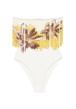 Água de Coco bead-embellished fringed swimsuit - White