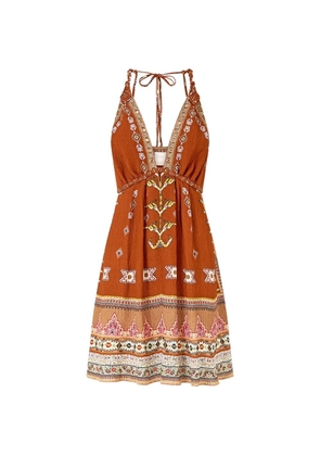 Camilla macramé-detail flared mini dress - Brown