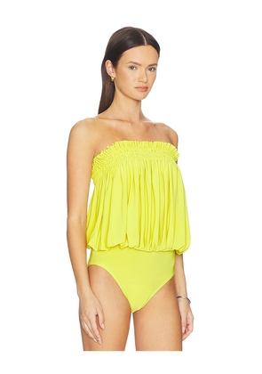 Norma Kamali Strapless Peasant Bodysuit in Yellow. Size XS. Also in S, M, XL.