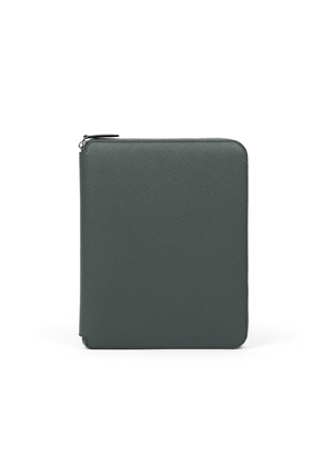 Smythson A5 Writing Folder With Zip In Panama In Slate Green