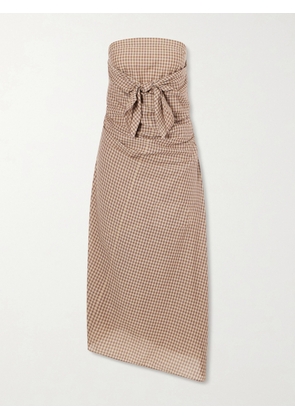 Auralee - Sleeveless Knot-detailed Draped Checked Cotton Midi Dress - Brown - 0,1,2