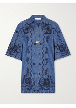 Zimmermann - Aster Broderie Anglaise-trimmed Cotton-denim Mini Dress - Blue - 00,0,1,2,3,4