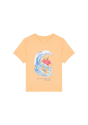 Polo Ralph Lauren Short Sleeve Jersey Knit Novelty Surf Bear Graphic T-shirt in Coral. Size 2. Also in 3, 4, 5, 6.