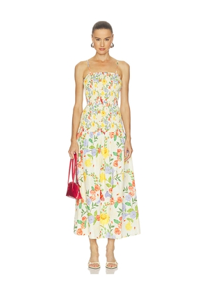 Verandah Smocked Cotton Satin Maxi Dress in Ivory. Size XS. Also in S, M, L, XL.