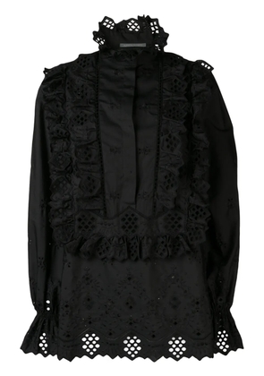Alberta Ferretti embroidered ruffled front bib blouse - Black