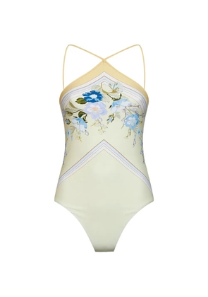 Self-Portrait floral-print halterneck swimsuit - Yellow