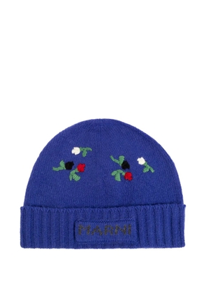 Marni floral-embroidered ribbed-trim wool beanie - Blue