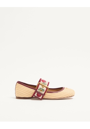 Valentino Garavani Mary-Jane Bribri Raffia Ballerina with Cherryfic Embroidery Woman BEIGE 35