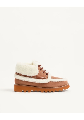 Valentino Garavani Palm Avenue Ankle Boot in Split-Grain Leather and Wool 25mm Woman TOBACCO/NATURAL 35