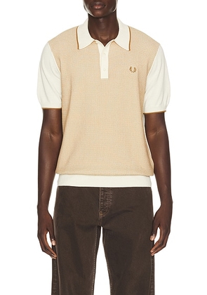 Fred Perry Tonic Waffle Knitted Polo in Ecru - Cream. Size XL/1X (also in S, M, L).