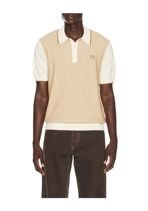 Fred Perry Tonic Waffle Knitted Polo in Cream. Size S. Also in M, L, XL/1X.
