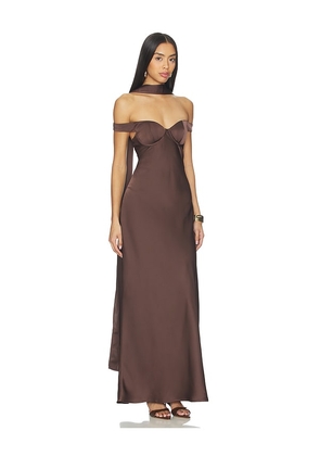 Runaway The Label Raphaella Off Shoulder Maxi Dress in Chocolate. Size S. Also in L, M, XL, XS.