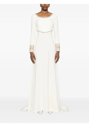 Dina Melwani crystal-embellished cape-sleeve maxi gown dress - Neutrals