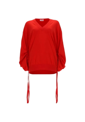 Nude ruched drawstring-detail V-neck cotton sweater - Red