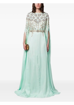 Dina Melwani Crystal-Embroidered Cape Sleeve Silk Kaftan - Green