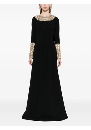 Dina Melwani Italian Crepe Evening Gown Hand Embroidered With Gold Crystal Embellishments. - Black