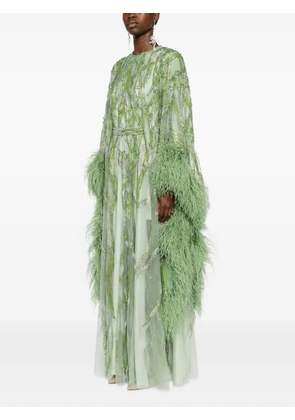 Dina Melwani feather-trim crystal-embellished maxi gown dress - Green