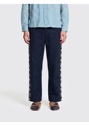 BAZISZT Wide Leg Cotton Trousers with Embroidered Details and Zip Fly