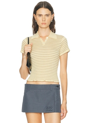 Guest In Residence Smocked Shrunken Polo Top in Butter & Camel - Lemon. Size L (also in S, XS, M).