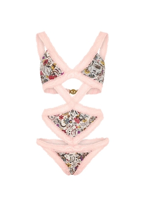 Roberto Cavalli floral-print lace-trim swimsuit - Pink