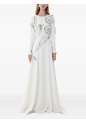 Dina Melwani crystal-embellished hummingbird evening maxi gown dress - White