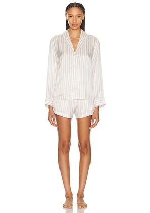 LUNYA Washable Silk Button Up Long Sleeve Short Set in Wisteria Stripe - White. Size L (also in XS, S, M).