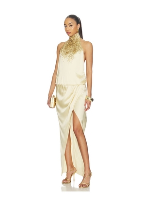 BALMAIN Halterneck Sand Pearl Embroidered Dress in Beige. Size 36. Also in 38.