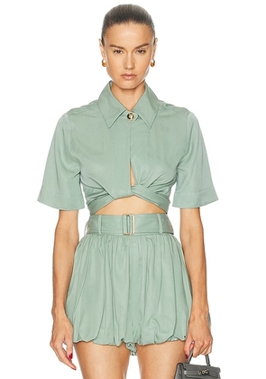 MATTHEW BRUCH Collared Wrap Top in Dusty Teal - Teal. Size 4 (also in 0, 2).