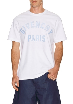 Givenchy Paris Applique Ribbon Regular Fit T-Shirt in White & Light Blue - White. Size S (also in M, L, XL/1X, XXL/2X).