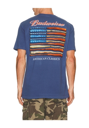 Junk Food Budweiser Baseball Bats Tee in Blue. Size S. Also in M, L, XL/1X.