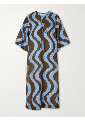 ALÉMAIS - Tie-detailed Embroidered Linen Midi Dress - Blue - UK 6,UK 8,UK 10,UK 12,UK 14