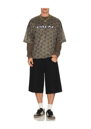 Palm Angels Camo Allover Palm Sport Tee in Army. Size M. Also in S, L, XL/1X, XXL/2X.