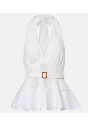 Self-Portrait Broderie anglaise peplum linen and cotton top