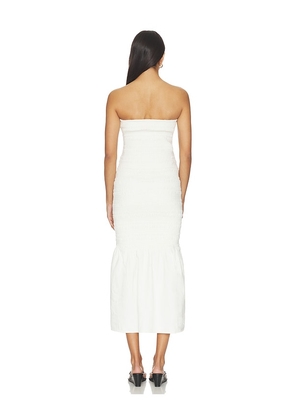 BUMPSUIT Denim Smocked Dress in White. Size XS. Also in L, M, S.