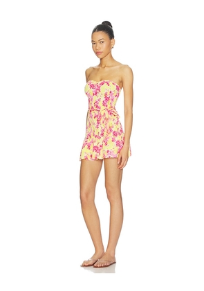 Indah Abigail Printed Pinch Front Bandeau Bubble Ruffle Mini Dress With Scarf in Yellow,Pink. Size S. Also in L, M, XS.
