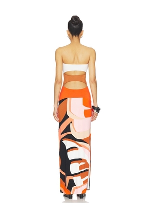 Indah Charlie Printed Maxi Dress With Solid Bandeau Panels in Orange,White. Size S. Also in L, M, XS.