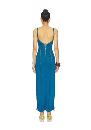 Indah Soren Solid Maxi Slash Dress With Macrame Trim in Blue. Size S. Also in L, M, XS.