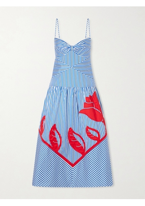 Farm Rio - Sky Striped Embroidered Cotton Poplin Midi Dress - Blue - xx small,x small,small,medium,large,x large